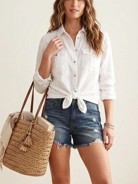 Paige Womens White Button Down Lyocell Shirt